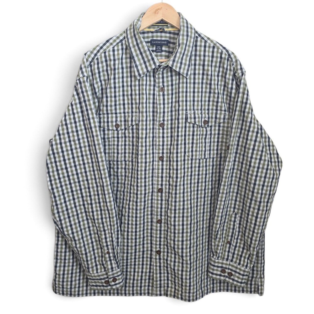 Lands End Shirt Mens XXL 18-18.5 Green Blue Gingham Check Button Up Casual